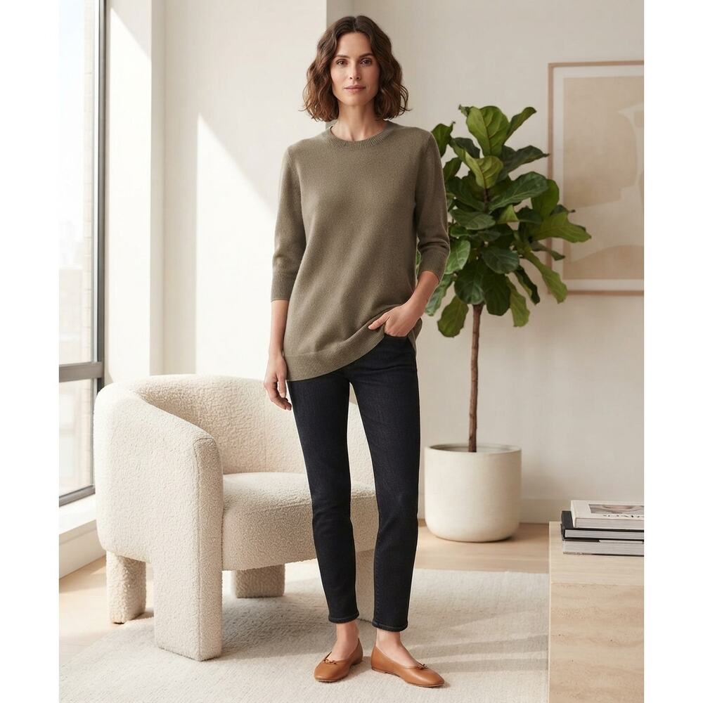 Vince 100% Cashmere Olive Green 3/4 Sleeve Knit Tunic Sweater Size L Minimalist